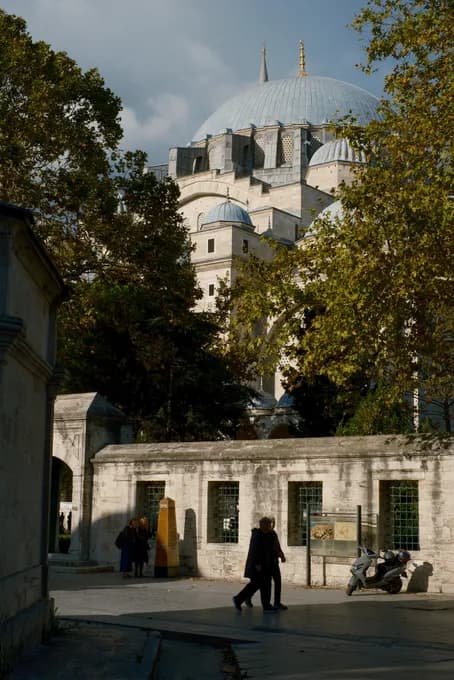 A mosque's domes above a courtyard wall, Istanbul