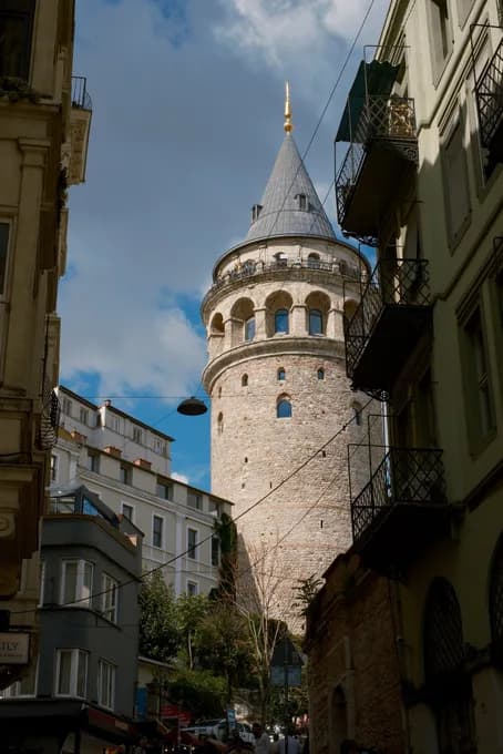 Galata Tower rising between the street's houses, Istanbul