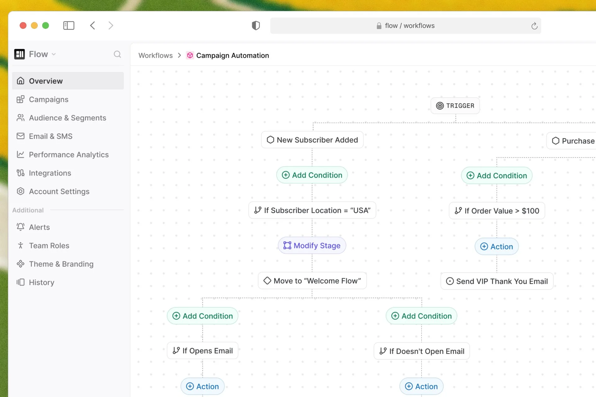 Flow — a campaign-automation workflow canvas with triggers, conditions and actions
