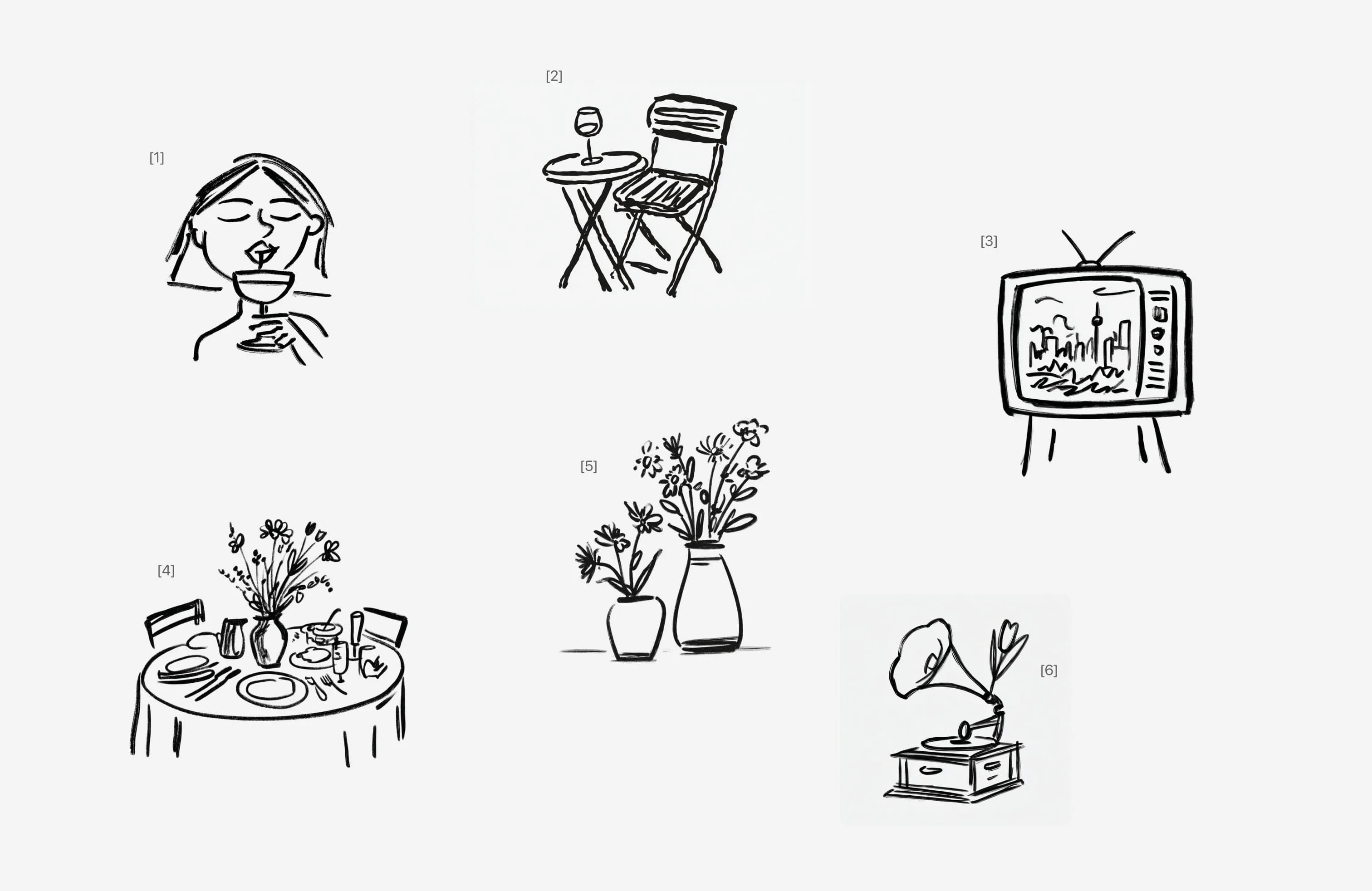 Illustration set for the new site — six brush-ink sketches: a toast, a café table, a TV, a laid table, vases, a gramophone