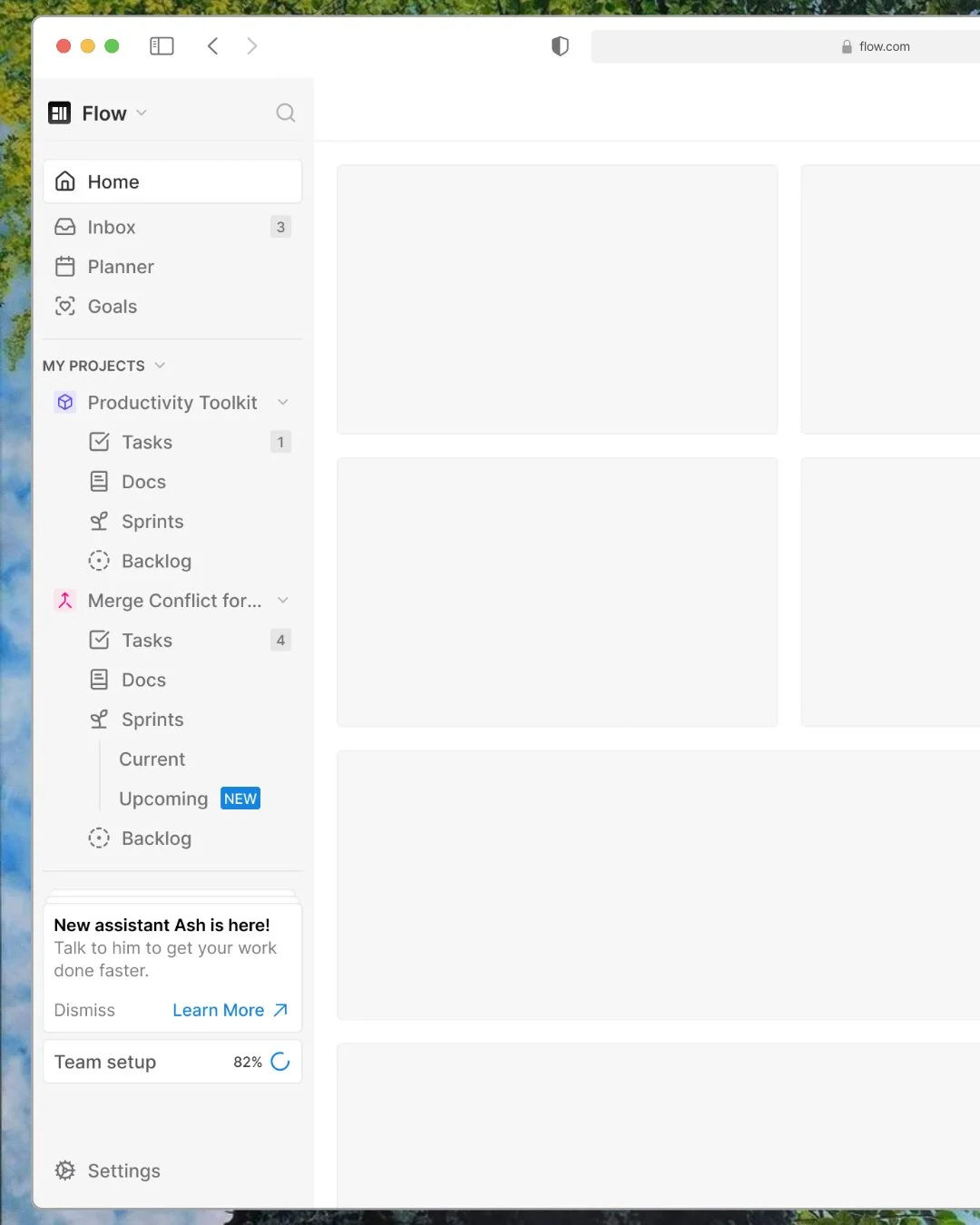 Flow — project sidebar stacking up: inbox, planner, goals, and nested project trees