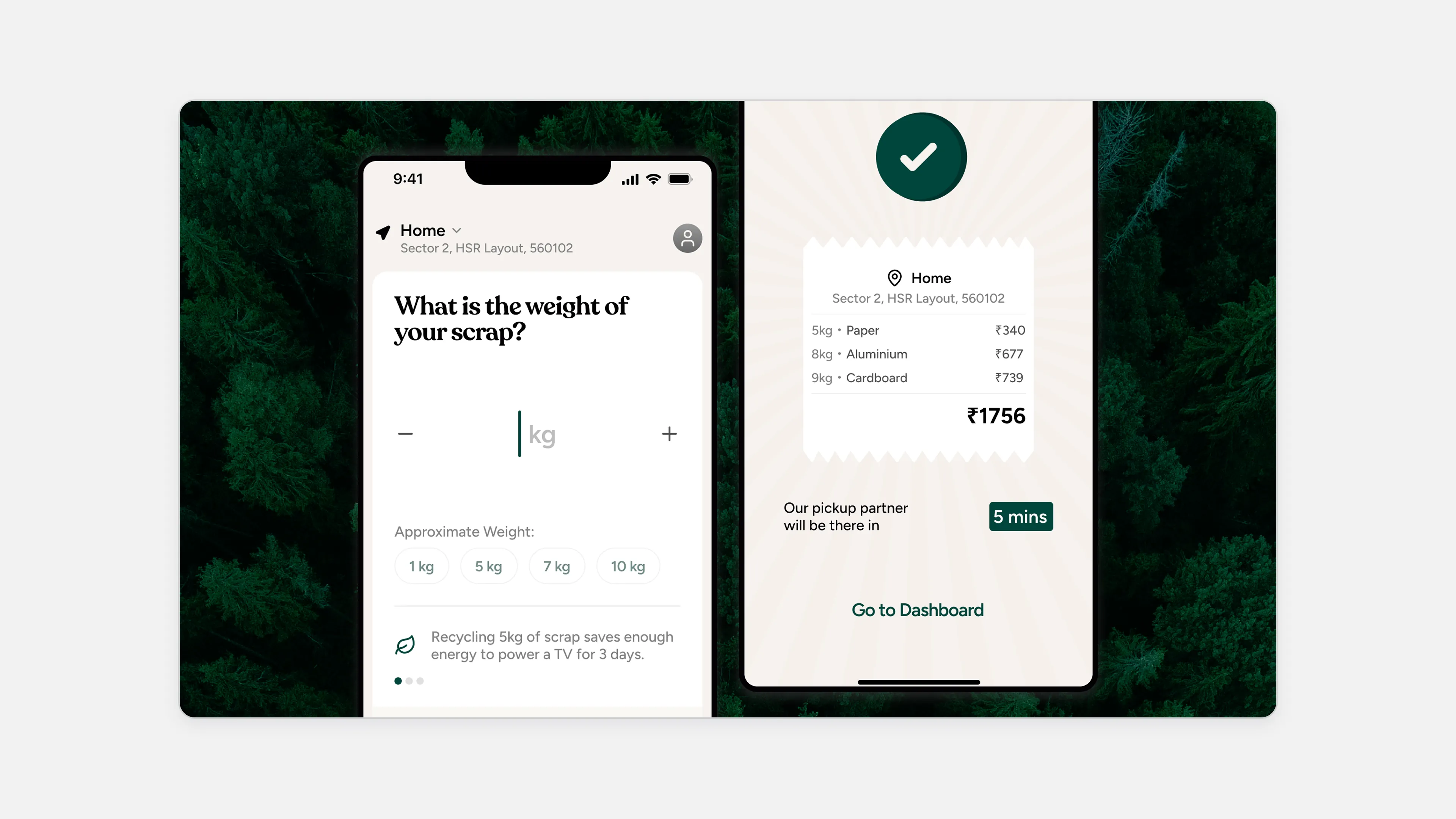 Recycling app — logging scrap weight and a pickup receipt totalling ₹1,756