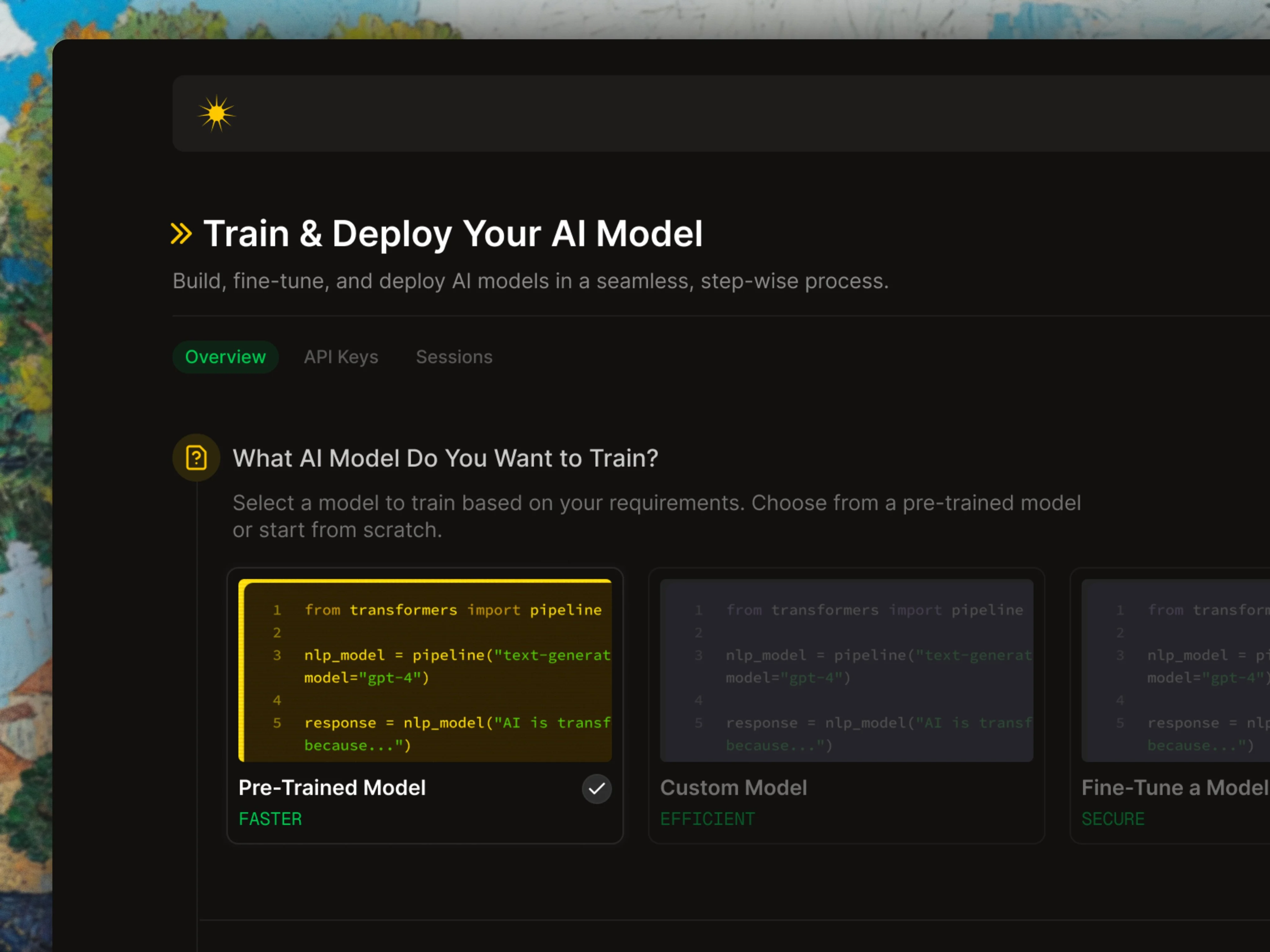Train and deploy your AI model — dark setup flow choosing between pre-trained, custom and fine-tuned models